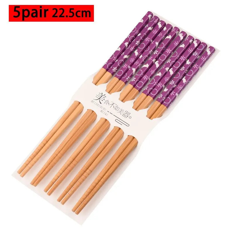 Conjunto reutilizável de 5 pares de bambu artesanal estilo japonês pauzinhos de madeira natural comida de sushi flor de gato multicores pauzinhos de madeira 239267114