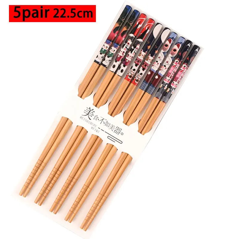 Conjunto reutilizável de 5 pares de bambu artesanal estilo japonês pauzinhos de madeira natural comida de sushi flor de gato multicores pauzinhos de madeira 239267114
