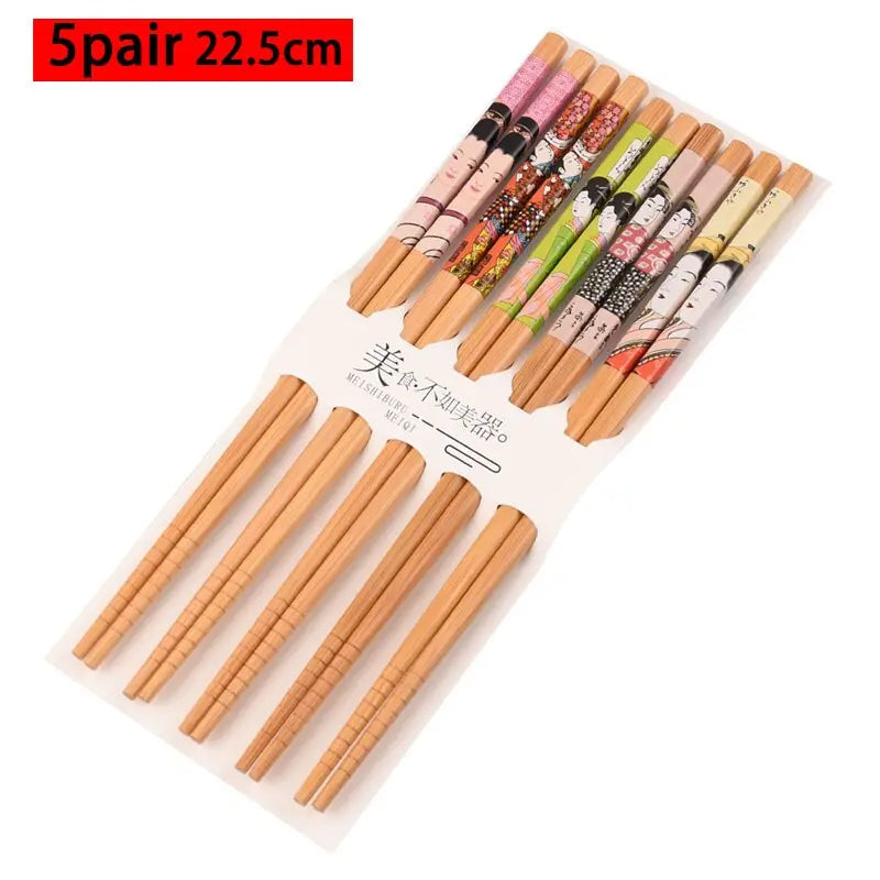 Conjunto reutilizável de 5 pares de bambu artesanal estilo japonês pauzinhos de madeira natural comida de sushi flor de gato multicores pauzinhos de madeira 239267114