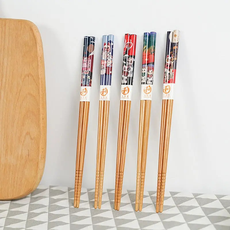 Conjunto reutilizável de 5 pares de bambu artesanal estilo japonês pauzinhos de madeira natural comida de sushi flor de gato multicores pauzinhos de madeira 239267114