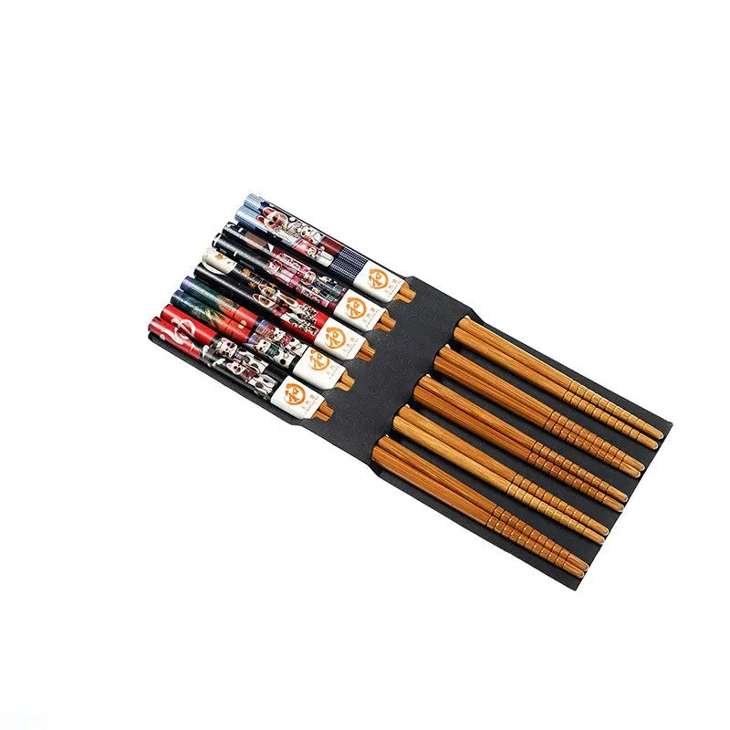 Conjunto reutilizável de 5 pares de bambu artesanal estilo japonês pauzinhos de madeira natural comida de sushi flor de gato multicores pauzinhos de madeira 239267114