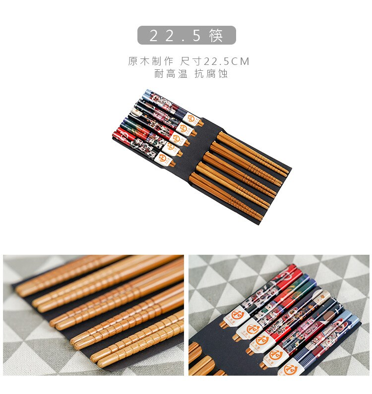 Conjunto reutilizável de 5 pares de bambu artesanal estilo japonês pauzinhos de madeira natural comida de sushi flor de gato multicores pauzinhos de madeira 239267114