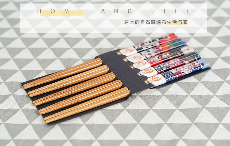 Conjunto reutilizável de 5 pares de bambu artesanal estilo japonês pauzinhos de madeira natural comida de sushi flor de gato multicores pauzinhos de madeira 239267114