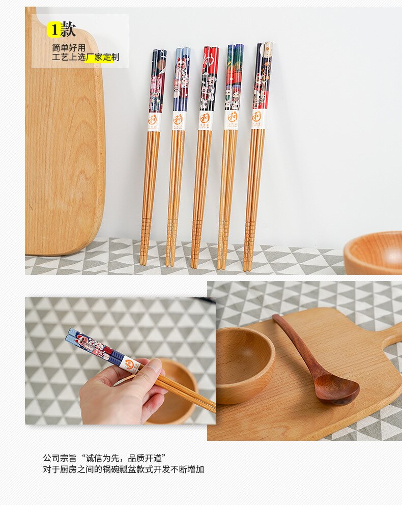 Conjunto reutilizável de 5 pares de bambu artesanal estilo japonês pauzinhos de madeira natural comida de sushi flor de gato multicores pauzinhos de madeira 239267114
