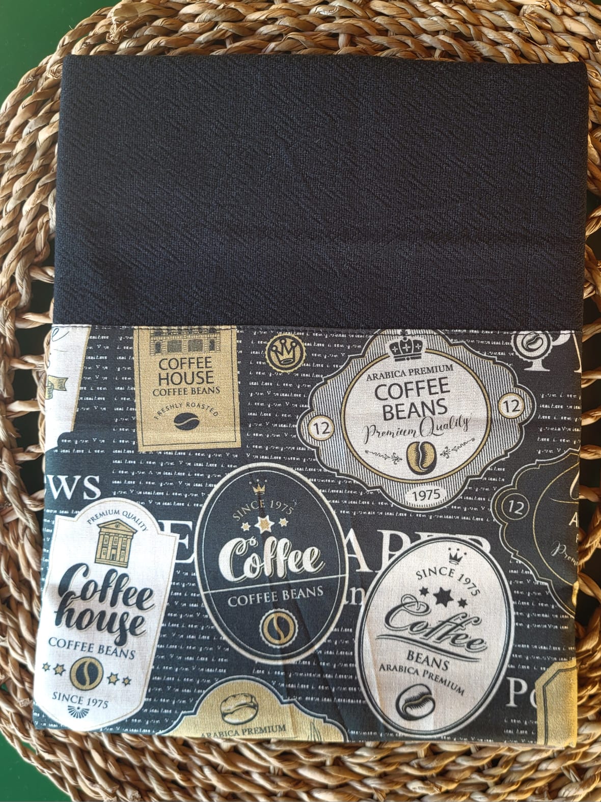 Pano de Prato Cozinha Elegante Algodão Preto com Barrado Tema Coffee House CozinhaElegante.com.br