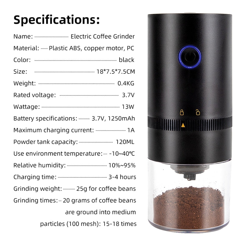 Moedor de Café Elétrico Portátil TYPE-C Carga USB Profissional 228022891
