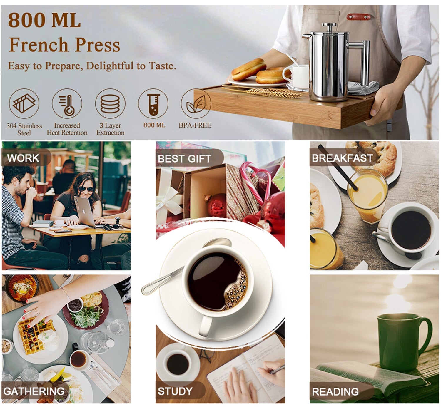 Máquina de Café Manual de 600 ml Prensa Francesa em Aço Inoxidável máquina 4029642683