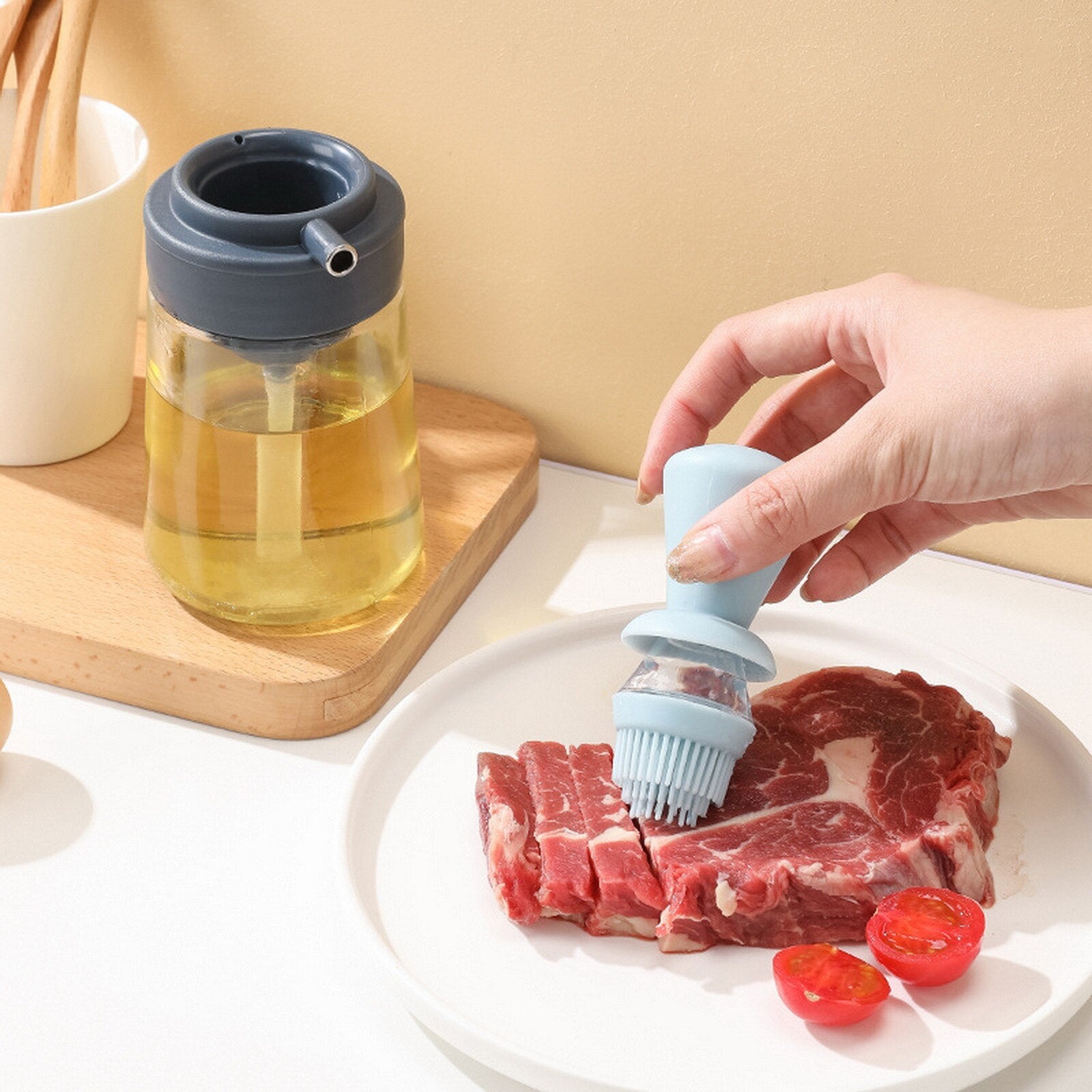 Garrafa de óleo multifuncional 550ml 2 em 1 pulverizador de óleo com escova de silicone dispensador de azeite para churrasco acessórios de cozinha 2602606514